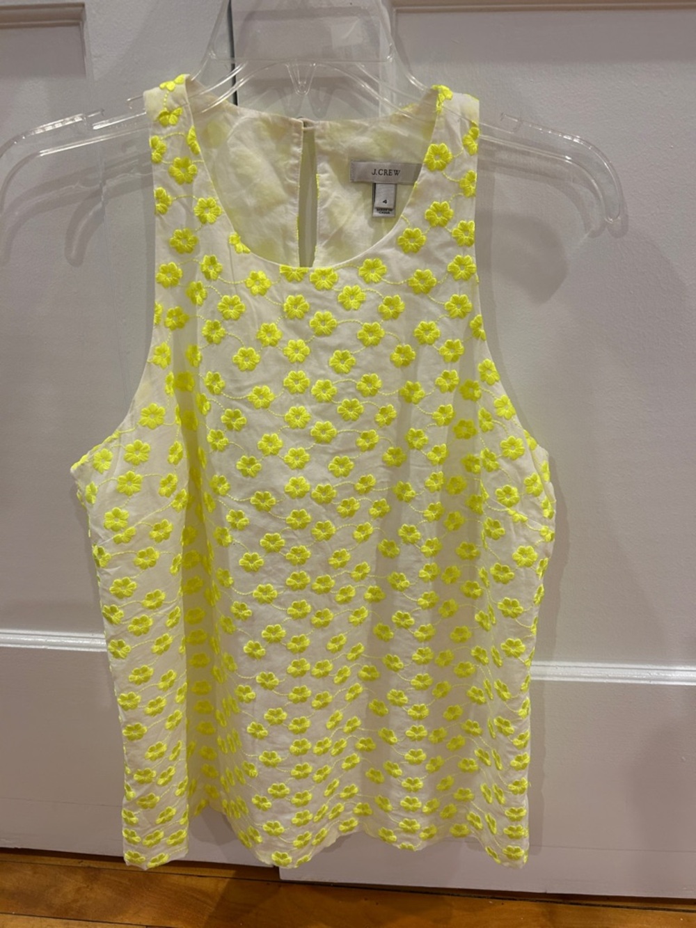 J. Crew White Tank Top with Neon Yellow Floral Appliqué